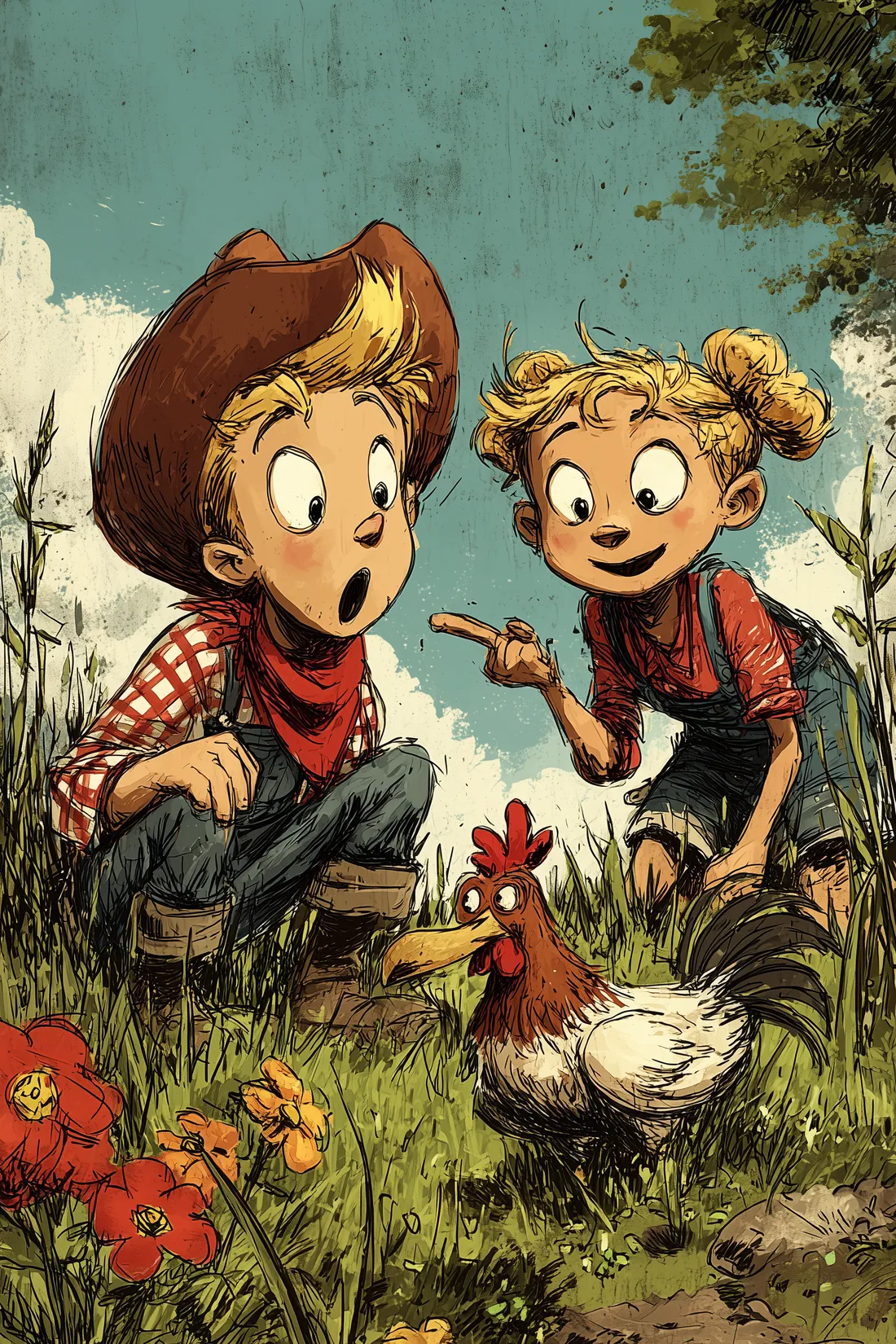 Charlie und Jette hocken im Gras neben einem Huhn.