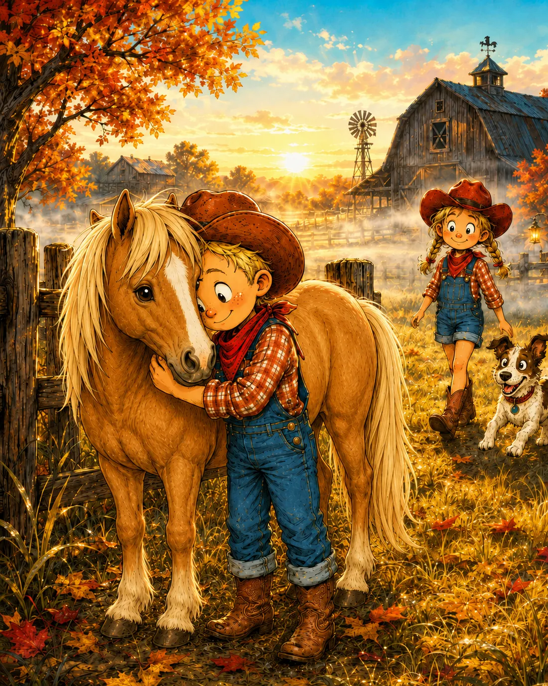 Charlie umarmt sein Pony Muffin im goldenen Herbstlicht.