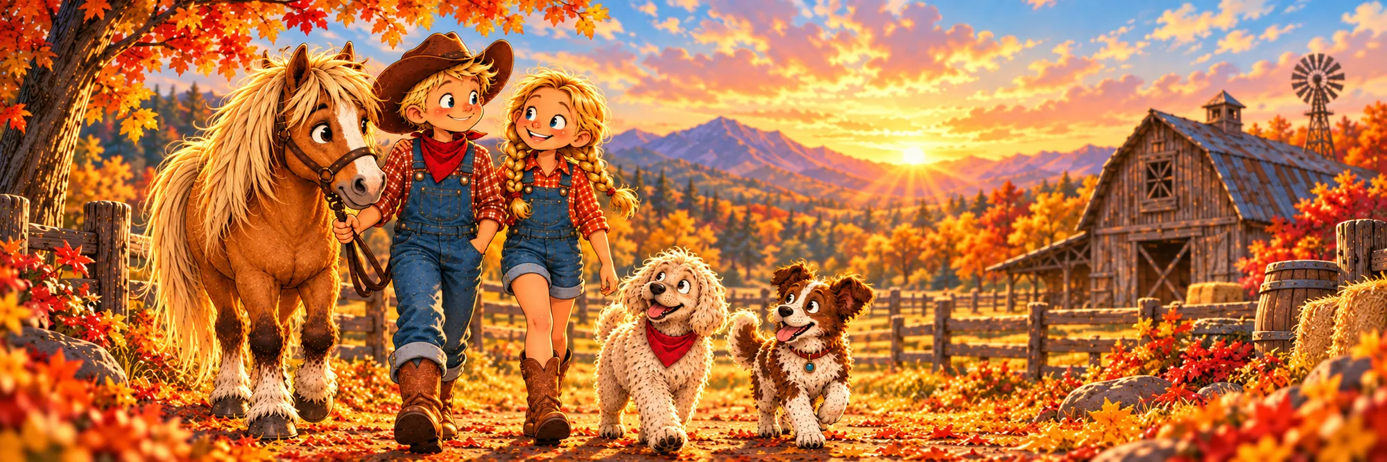 Charlie, Jette, Muffin und die Hunde vor der Donnerfeld-Ranch bei Sonnenuntergang.