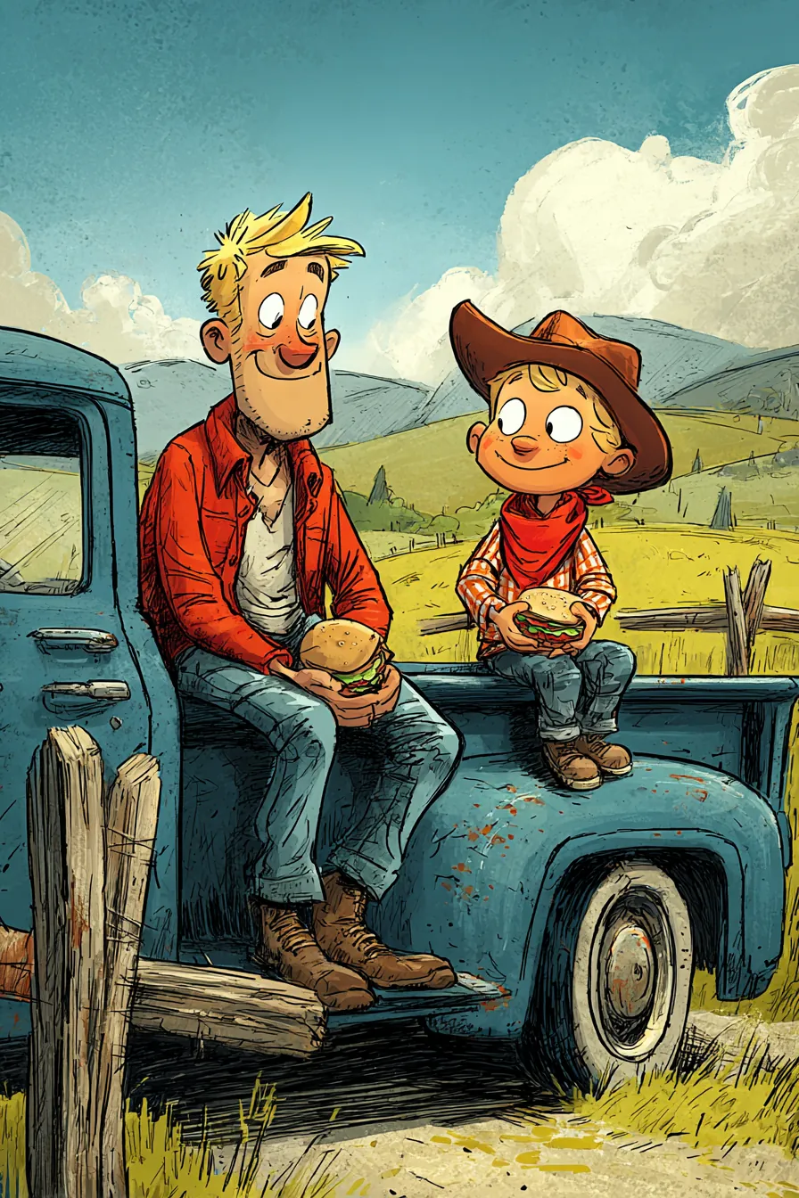 Papa und Charlie sitzen auf der Ladefläche eines blauen Pick-ups.
