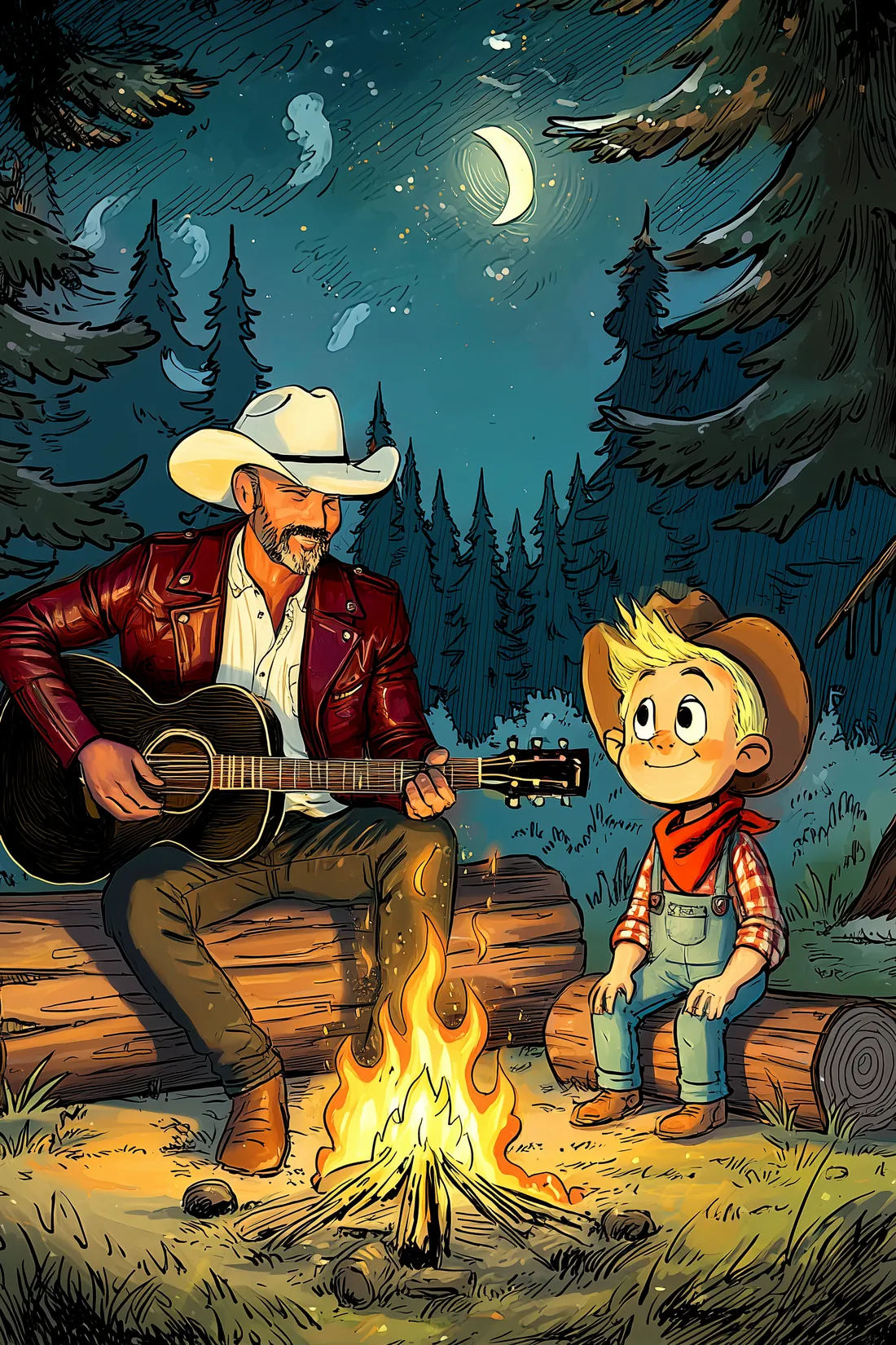 Ein Countrysänger mit weißem Hut spielt Gitarre am Lagerfeuer, Charlie hört zu.
