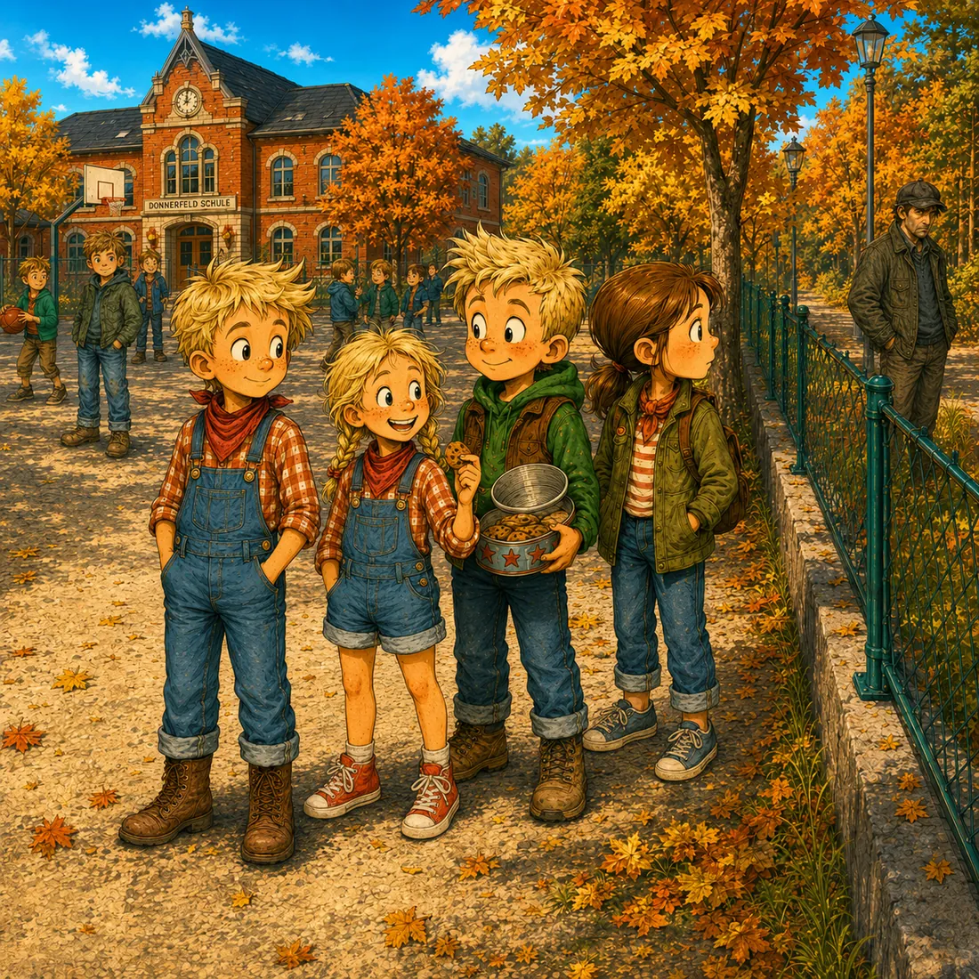 Charlie, Jette und andere Kinder vor der Dorfschule im Herbst.